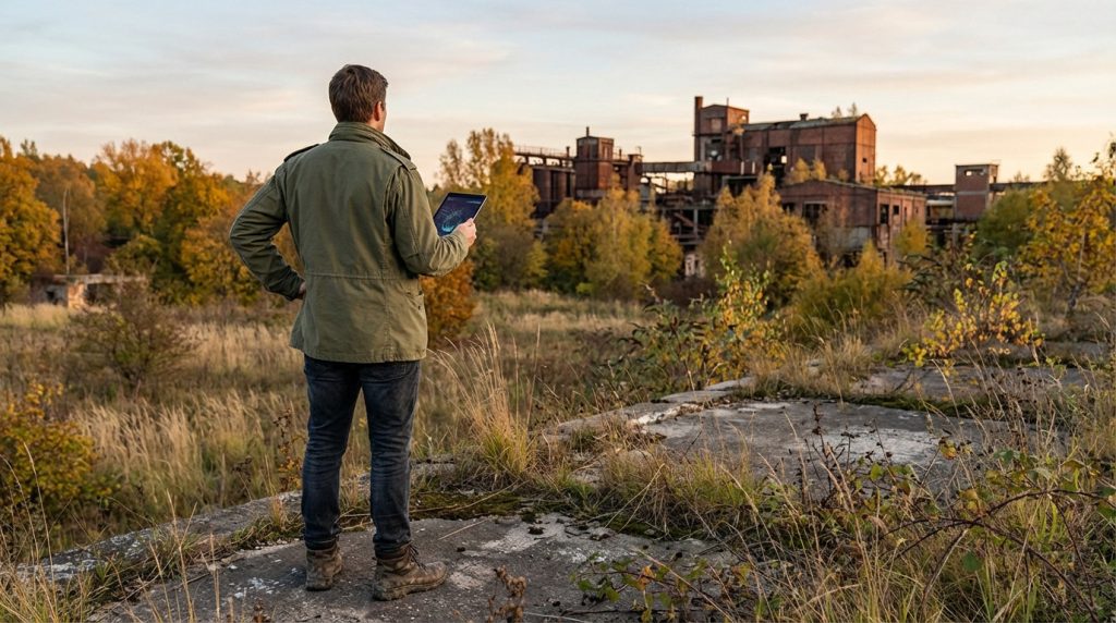 A figure in an olive jacket, holding a tablet, surveys derelict industrial buildings in autumn. Golden light illuminates the scene.