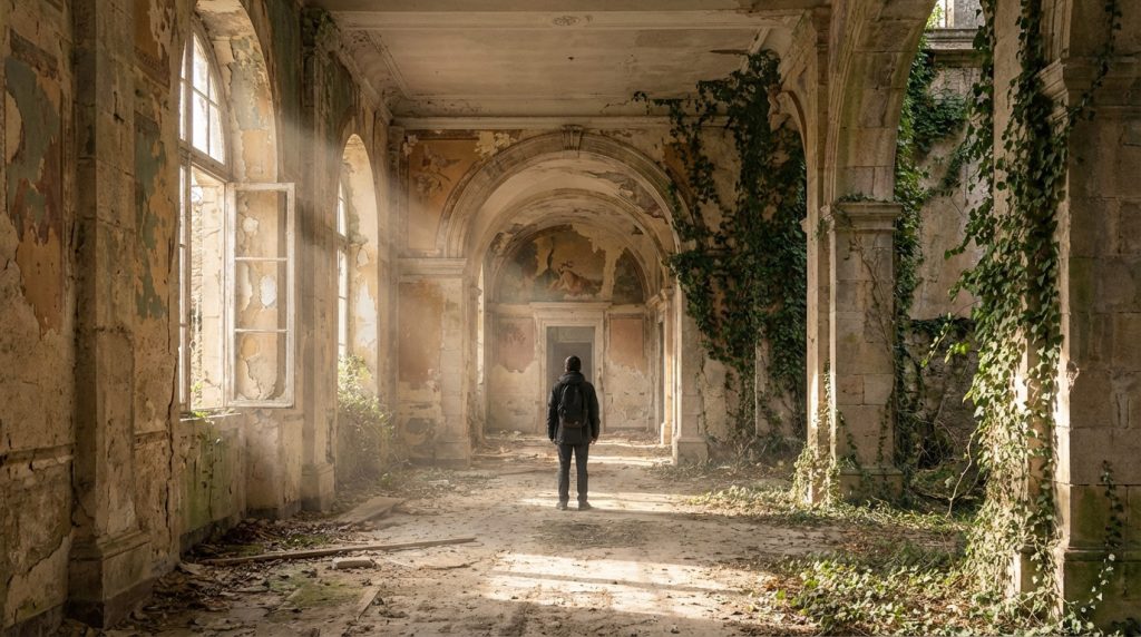 Wide shot of a person in a vast, decaying hall with sunbeams, peeling paint, crumbling walls, and ivy. Historical abandonment.