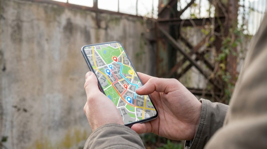 Hands hold smartphone displaying a vibrant digital map with pins for urban exploration. Blurred background of weathered concrete and rusted structures.