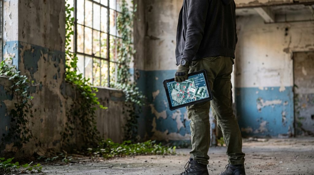 Personne dans un bâtiment abandonné, tenant une tablette affichant une carte avec des points rouges pour l'exploration urbex.